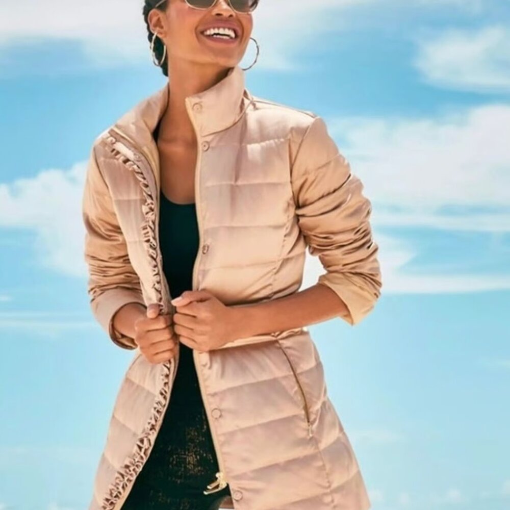 Lilly Pulitzer NWOT Doria down puffer jacket, gold metallic, ruffle zipper Sz 4
